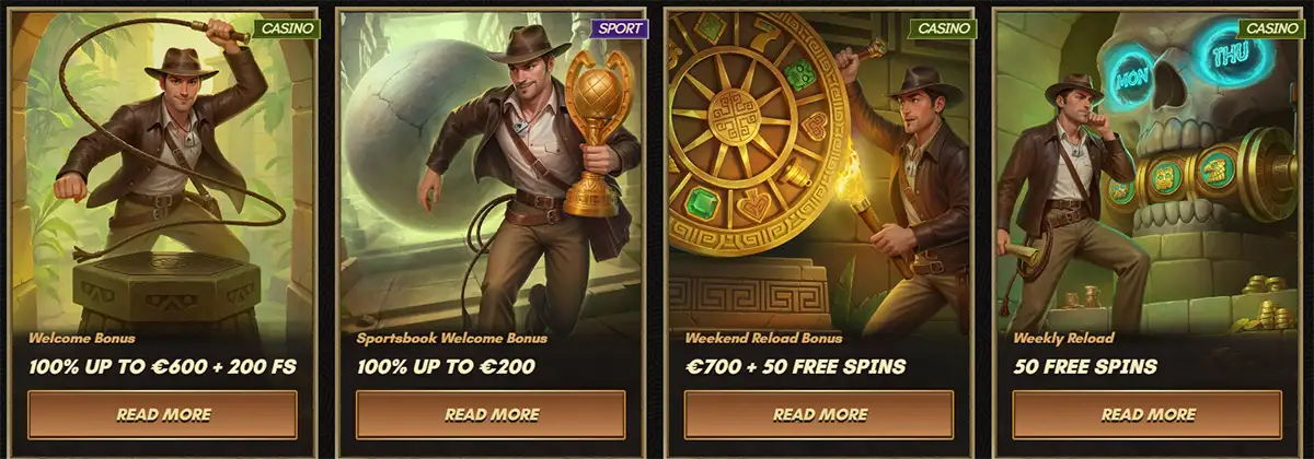 Adventure-themed casino promo cards showing explorer-style bonus offers, including a welcome bonus up to €600 plus 200 free spins, sportsbook bonus, weekend reload and weekly free spins.