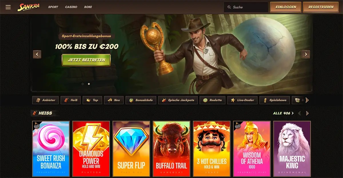 Sankra casino homepage in German showing a sport first-deposit bonus banner with 100% up to €200, an adventure explorer theme, game category tabs and a row of hot slot games.