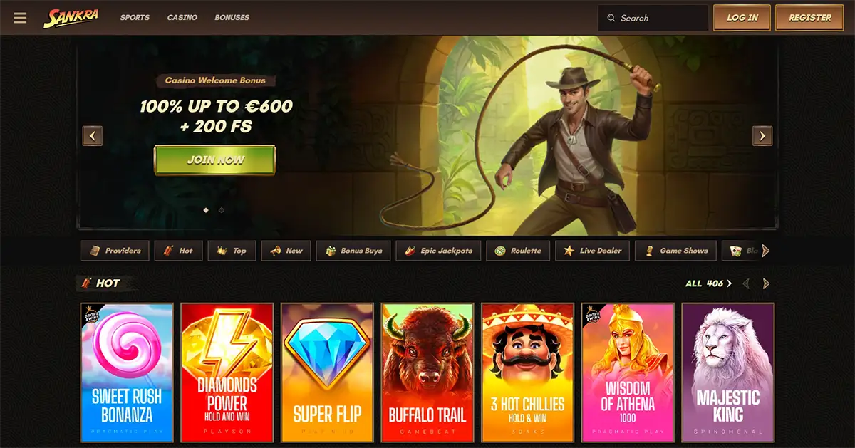 Sankra casino homepage showing an adventure-themed welcome bonus banner with 100% up to €600 plus 200 free spins, navigation tabs, game categories and a row of hot slot games.