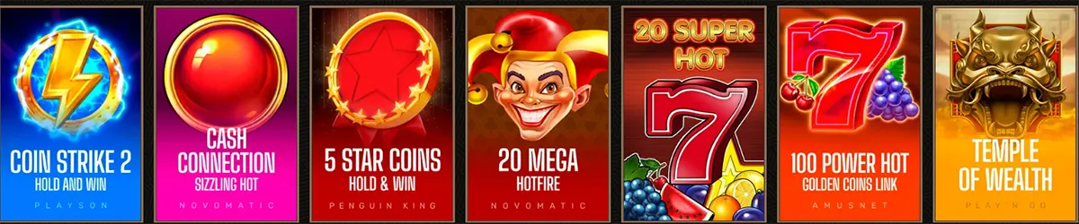 Online casino slot game selection featuring Coin Strike 2, Cash Connection, 5 Star Coins, 20 Mega Hotfire, 20 Super Hot 7, 100 Power Hot, and Temple of Wealth game icons.