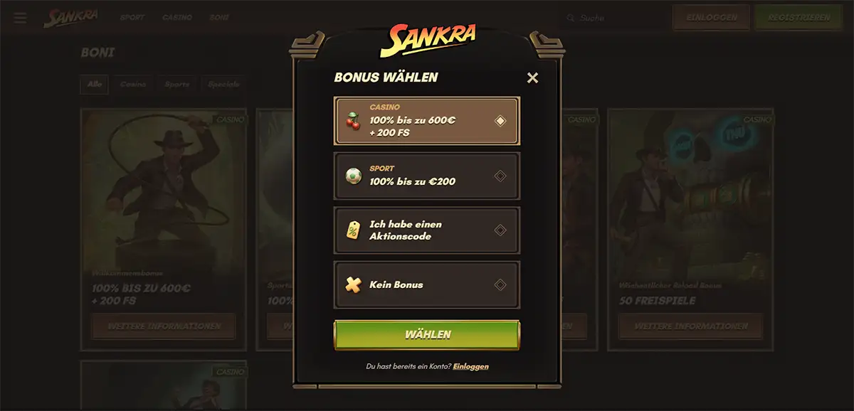 Sankra casino bonus selection popup in German showing casino, sport, promo code and no-bonus options, with a green “Wählen” button over a darkened bonuses page background.