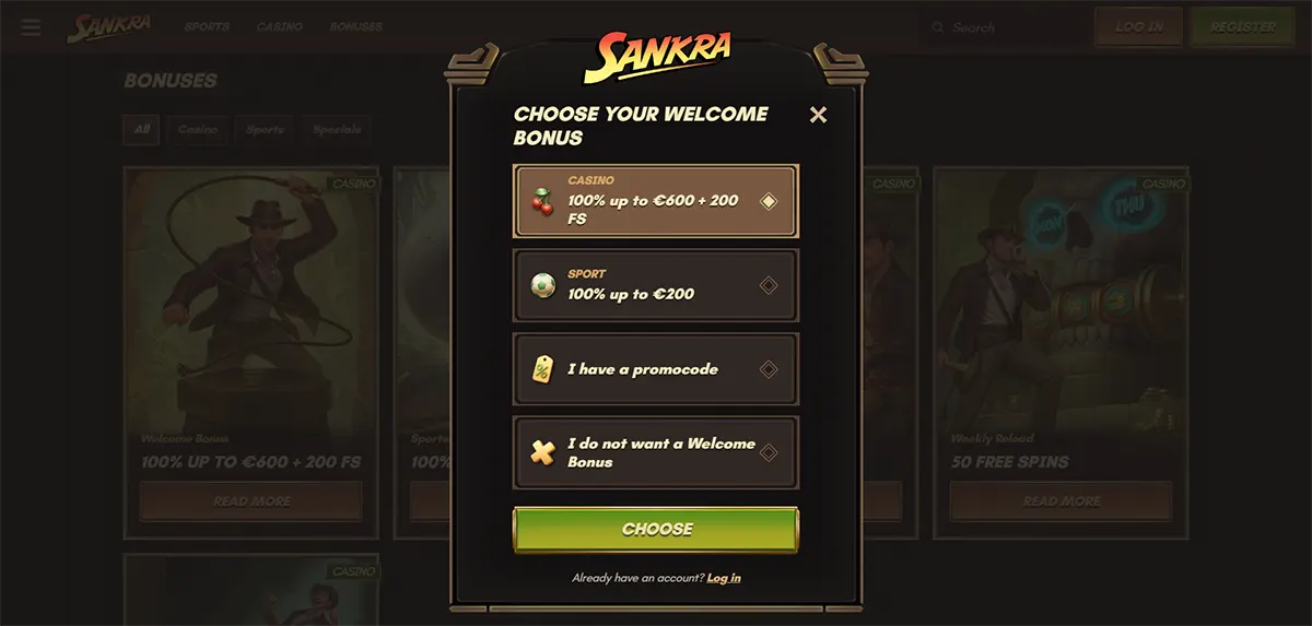 Sankra casino welcome bonus selection popup offering 100% up to €600 + 200 free spins for casino or 100% up to €200 for sports, with options for promocode or no welcome bonus.