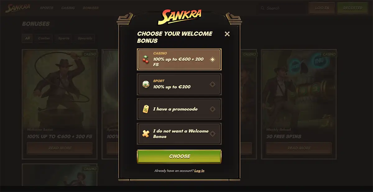 Sankra casino welcome bonus popup showing options to choose a casino bonus, sports bonus, promo code entry or no welcome bonus, with a blurred bonuses page in the background.