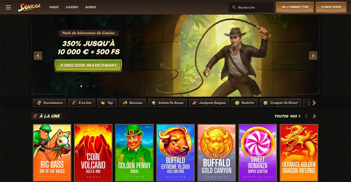 Sankra casino homepage in French showing an adventure-themed welcome bonus banner with 350% up to €10,000 plus 500 free spins, game category tabs and a row of featured slot games.
