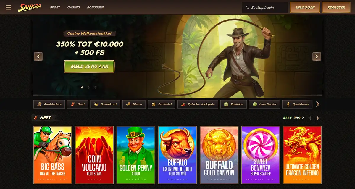 Sankra casino homepage in Dutch showing an adventure-themed welcome package banner with 350% up to €10,000 plus 500 free spins, game category tabs and a row of hot slot games.