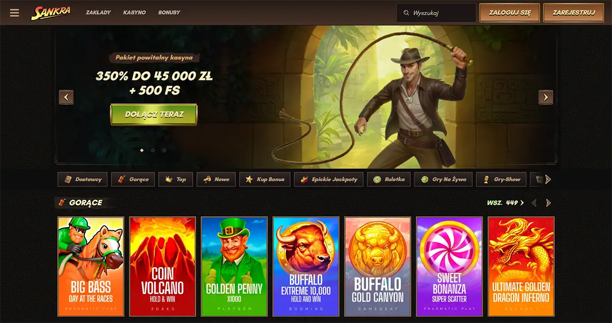 Sankra casino homepage in Polish showing an adventure-themed welcome bonus banner with 350% up to 45,000 zł plus 500 free spins, game category tabs and a row of hot slot games.