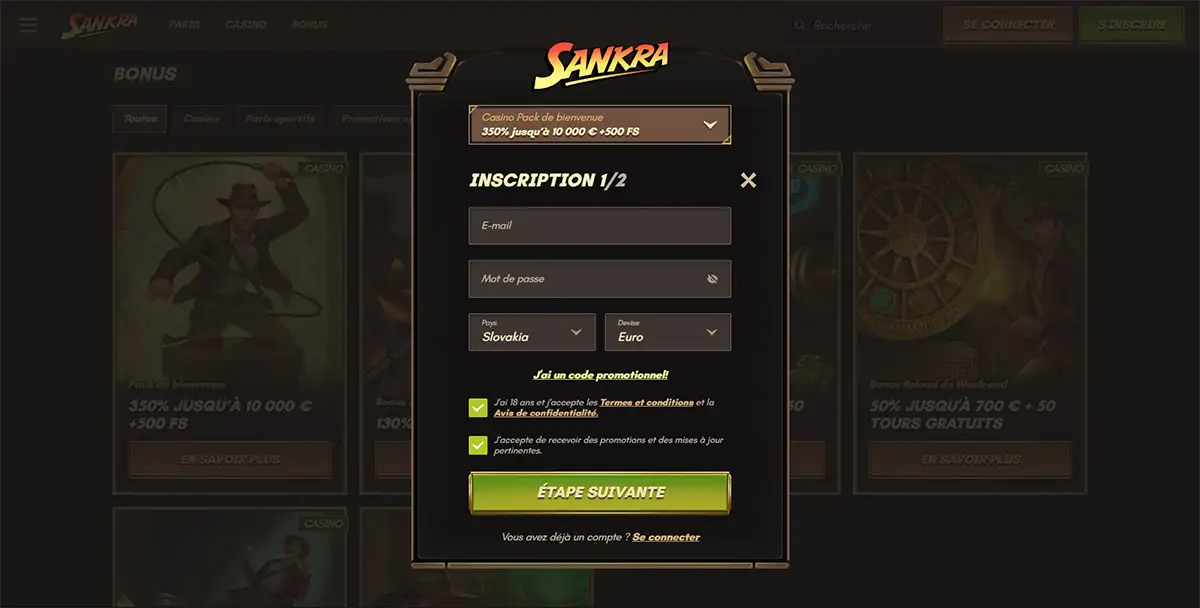Sankra casino registration popup in French showing a welcome pack offer, email and password fields, country and currency selectors, consent checkboxes and an “Étape suivante” button over a darkened bonus page background.