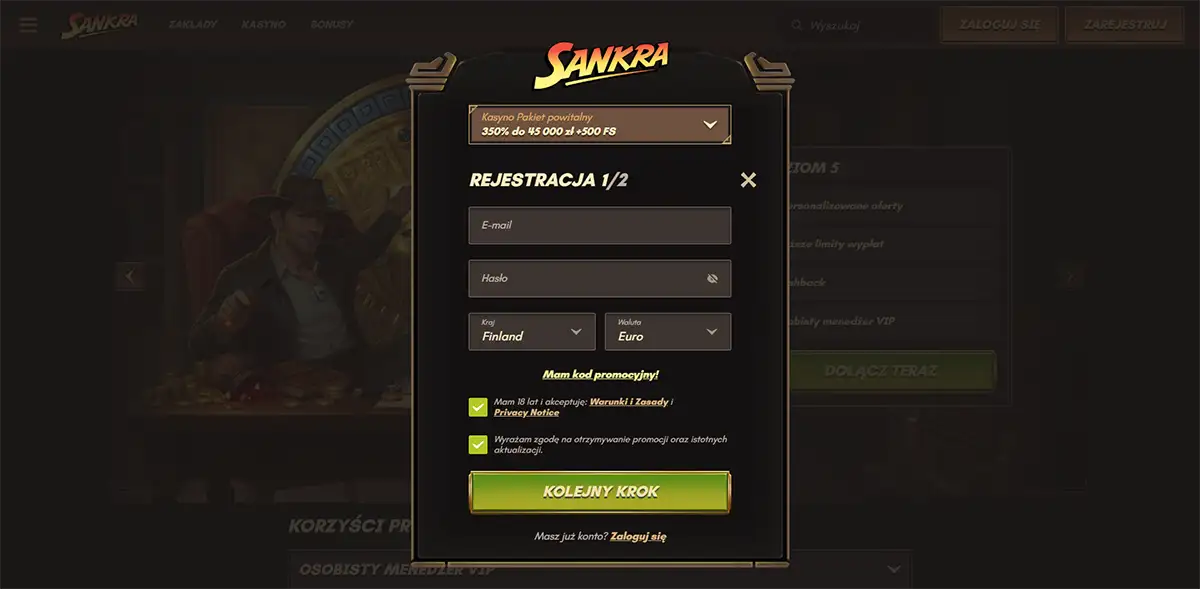 Sankra casino registration popup in Polish showing a welcome package offer, email and password fields, country and currency selectors, consent checkboxes and a “Kolejny krok” button over a darkened VIP banner background.