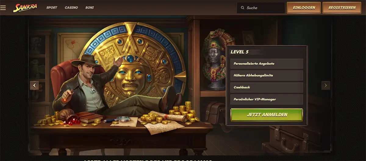 Sankra casino VIP banner in German showing an explorer beside a golden ancient artifact, with a Level 5 benefits panel listing personalized offers, higher withdrawal limits, cashback and a personal VIP manager.