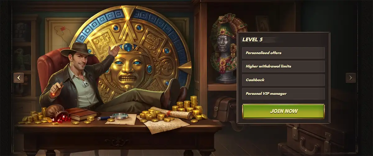 Adventure-themed casino VIP banner showing an explorer character in an office with gold coins, an ancient golden artifact, and a Level 5 panel listing personalized offers, higher withdrawal limits, cashback and VIP manager benefits.