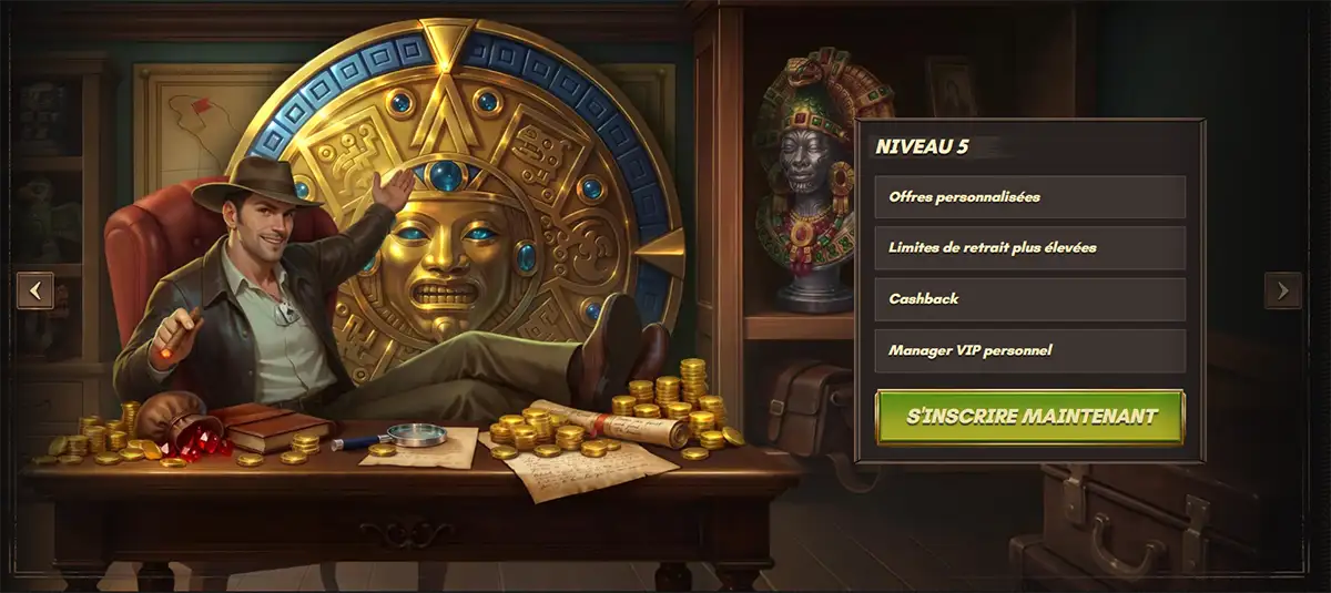 Sankra casino VIP banner in French showing an explorer beside a golden ancient artifact, with a Level 5 benefits panel listing personalised offers, higher withdrawal limits, cashback and a personal VIP manager.
