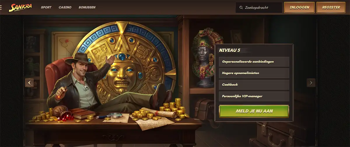 Sankra casino VIP banner in Dutch showing an explorer beside a golden ancient artifact, with a Level 5 benefits panel listing personalized offers, higher withdrawal limits, cashback and a personal VIP manager.